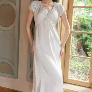Fresh Floral Deep‑V Drawstring Tie Padded Push‑Up Long Satin Home Nightgown for Outer Wear
