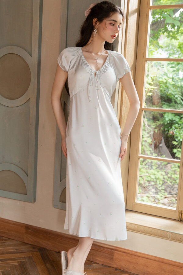 Fresh Floral Deep‑V Drawstring Tie Padded Push‑Up Long Satin Home Nightgown for Outer Wear